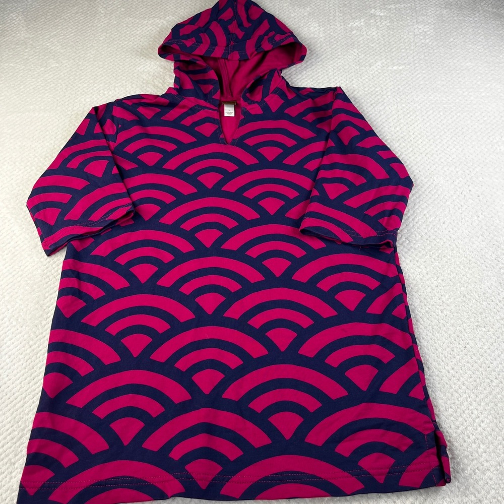 Tea Collection Girls Pink Navy Wave Print Hooded Tunic Top Size 7 Cotton Hoodie